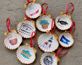 Gold Edged Nantucket Scallop Ornament Set of 9 Lightship, Hydrangea Basket, Nantucket Seal, Brant Point, Burgee Whale Flag, Lightship Basket