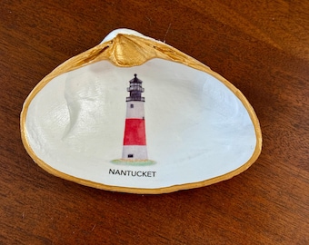 Nantucket Decoupage Clamshell - Sankaty Lighthouse Gold Rimmed Clam Shell Trinket Dish Jewelry Dish