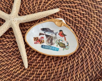 Large Gold Trimmed Maryland Themed Tribute Decoupage Nantucket Clamshell Trinket or Jewelry Dish