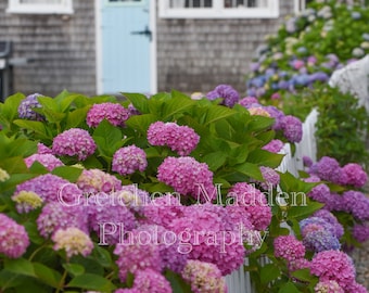 Pobieranie cyfrowe - Nantucket Island Photo Photography of Lydia Cottage - Seafoam Turquoise Door Pink Hortenseas White Picket Fence Photo