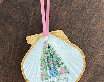 Nantucket Decoupage Scallop Shell Christmas Ornament -  Merry Mahjong - Gold Edged Mahjong Christmas Tree Ornament