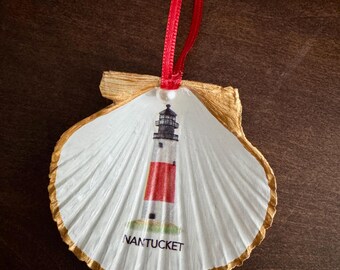 Nantucket Decoupage Scallop Shell Christmas Ornament - Sankaty Lighthouse Light and Gold Edging