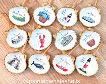 Nantucket Christmas Ornaments, 12 Days of Christmas Scallop Shell Ornament Set, Coastal Holiday Decor