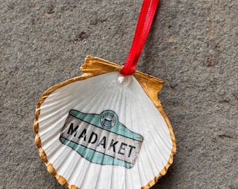 Nantucket Decoupage Scallop Shell Christmas Ornament - MADAKET Turquoise Nantucket Sign with Gold Edge
