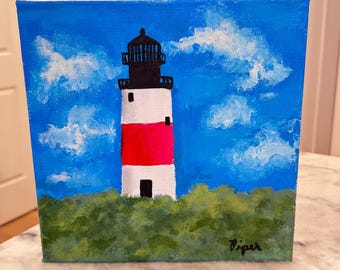 Nantucket Sankaty Lighthouse Original Acrylic Painting, Coastal Wall Art, Nantucket Decor, Beach House Art