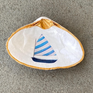 XL Gold Trimmed Blue Sailboat Watercolor Nautical Decoupage Nantucket Clamshell Trinket or Jewelry Dish
