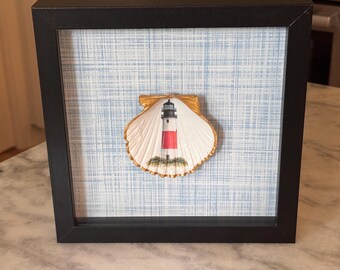 Nantucket Island Scallop Shell Shadow Box Decoupaged With Sankaty Lighthouse on a Blue Background Nantucket Gift 8.75”x8.75”