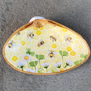 Jumbo Gold Trimmed Yellow Honey Bee with Clover Decoupage Clamshell Trinket or Jewelry Dish
