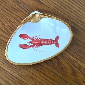 Medium Gold Rimmed Red Lobster Decoupage Clamshell Jewelry Trinket Ring Dish