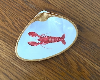 Medium Gold Rimmed Red Lobster Decoupage Clamshell Jewelry Trinket Ring Dish