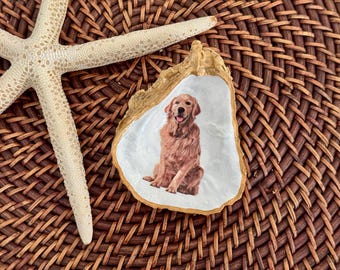 Gold Rimmed Golden Retriever Dog Oyster Ring Jewelry Trinket Dish
