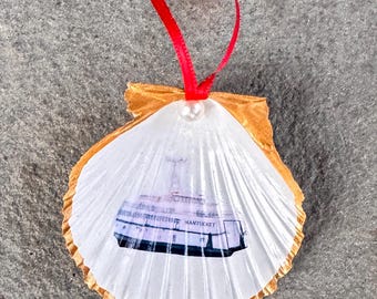 Nantucket Decoupage Scallop Shell Christmas Ornament - Nantucket Steamship Authority Ferry With Gold Edged