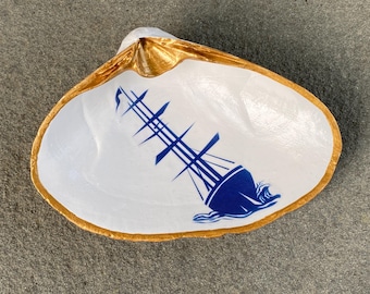 Nantucket Shipwreck Museum Clamshell Dish, Handmade Decoupage Trinket Jewelry Holder Gold Edge