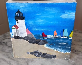Nantucket Island Brant Point Lighthouse Rainbow Fleet Acrylic Painting