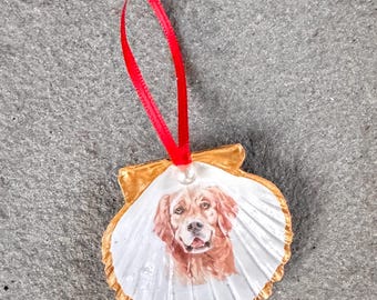 Nantucket Decoupage Scallop Shell Christmas Ornament -  Golden Retriever - Gold Edged Dog Ornament