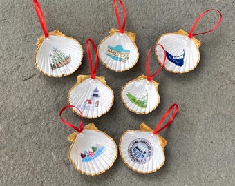 Gold Edged Nantucket Scallop Ornament Set of 7  Ornaments Rainbow Fleet, Nantucket Seal, Brant Point, Tree Dory, Turquoise Sign & Maps