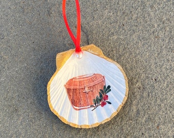 Nantucket Decoupage Scallop Shell Christmas Ornament - Nantucket Lightship Basket and Holly With Gold Edge