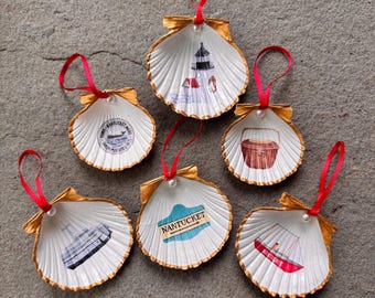Gold Edged Nantucket Scallop Ornament Set of 6 - Nantucket Town Seal, Turquoise Sign, Brant Point, Lightship, Lightship Basket and Ferry