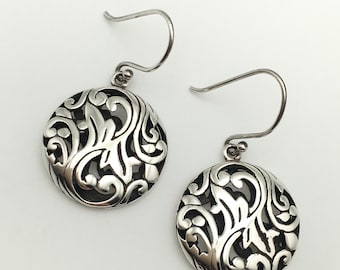 Vintage Sterling Silver Scroll Swirl Round Earrings Marked SU 925 TH 6.2g #50