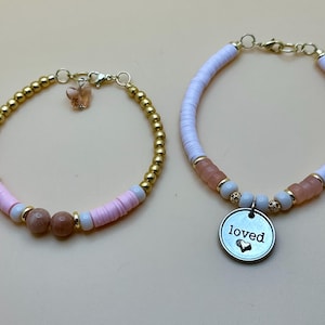 handmade moonstone & rose quartz 14k gold loved and butterfly charms bracelet duo