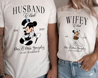 Personalized Disney Mickey Minnie Husband Wife Shirt, Disney Just Married Tee, Mickey Groom Minnie Bride Sweatshirt, Matching Honeymoon Tee