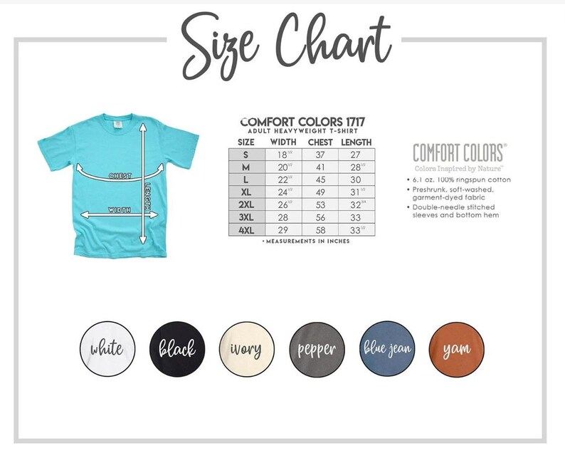 the sie chart for a t - shirt with different colors