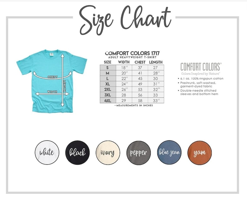 the sie chart for a t - shirt with different colors