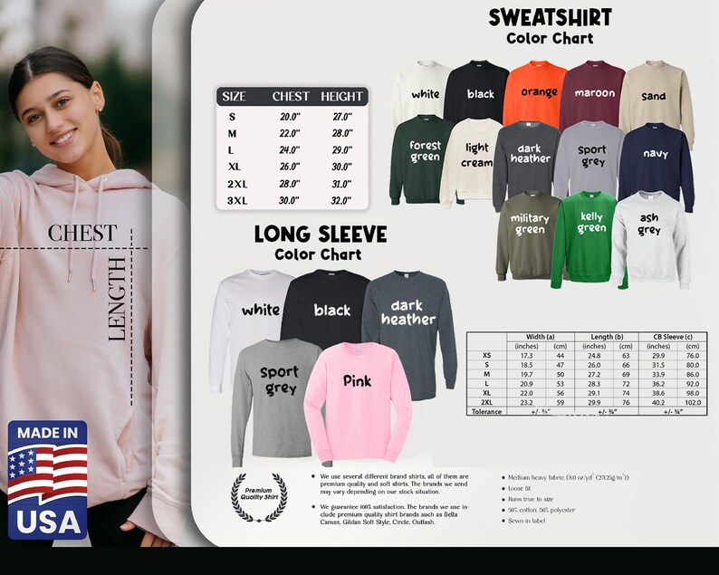 a women's long sleeve hoodie with the text, long sleeve color chart