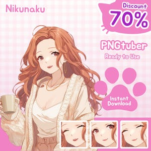Pode incluir: Ilustração digital de uma mulher com cabelo longo e ondulado ruivo, vestindo um cardigan creme e segurando uma caneca. A imagem inclui o texto "Nikunaku", "PNGTuber", "Ready to Use" e um gráfico de desconto de 70%.