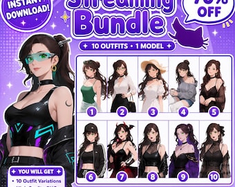 May include: A digital streaming bundle graphic featuring a central character in a black top and ten numbered outfit variations. The purple background includes text reading Streaming Bundle, 10 Outfits 1 Model, Instant Download, and 70% Off.