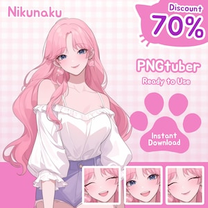 Könnte beinhalten: Digitale Illustration einer jungen Frau mit langen rosa Haaren, die ein weißes schulterfreies Oberteil und Jeansshorts trägt. Das Bild enthält den Text "Nikunaku" und ein rosa Banner mit "Discount 70%" und "PNGTuber Ready to Use".