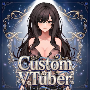 May include: An anime-style illustration of a character with long dark hair wearing a black lace dress. The text Custom VTuber is displayed in large white and blue lettering. The background features an ornate gold frame with blue gems and flowers.
