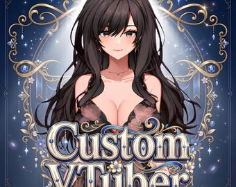May include: An anime-style illustration of a character with long dark hair wearing a black lace dress. The text Custom VTuber is displayed in large white and blue lettering. The background features an ornate gold frame with blue gems and flowers.