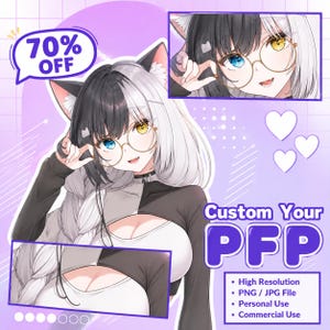 May include: A digital illustration of an anime-style character with split black and white hair, cat ears, and round glasses. The character wears a black and white top. Text includes 70% OFF, Custom Your PFP, High Resolution, PNG / JPG File, Personal Use, and Commercial Use.