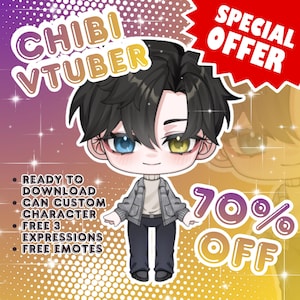 May include: A digital illustration of a chibi VTuber character with black hair and heterochromatic eyes. The image includes text that reads "CHIBI VTUBER", "SPECIAL OFFER", and "70% OFF". Additional text highlights features like ready-to-download characters, custom character options, free expressions, and free emotes.