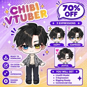 May include: A digital illustration of a chibi character with black hair and heterochromia, wearing a gray jacket and white shirt. The image includes text such as CHIBI VTUBER, 70% OFF, 3 EXPRESSIONS, HAPPY, SURPRISED, JOYFUL, and YOU WILL GET.