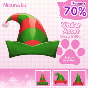 Vtuberアセット：クリスマスドワーフエルフハット、ホリデーテーマ、お祭りキャラクター小道具、デジタルダウンロード、かわいいクリスマスアクセサリー