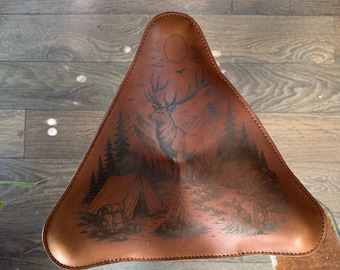 Leather Tripod Camping Stool, Engraved Stag Seat, Folding Bushcraft Chair, Handmade Outdoor Gift