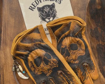 Handmade Leather Motorcycle Gloves Skull Inferno Shadow Biker Gloves