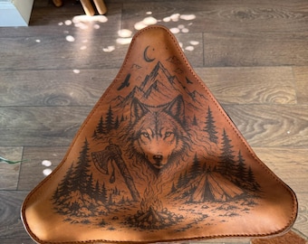 Leather Tripod Camping Stool, Engraved Wolf Seat, Folding Bushcraft Chair, Handmade Outdoor Gift