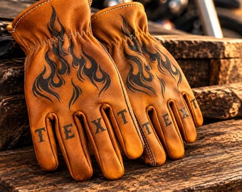 Personalized Leather Motorcycle Gloves – Flame Design, Custom Finger Symbols, Vintage Biker Gloves