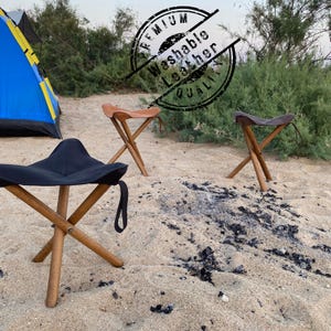 Camping Gear – Handmade Leather Tri-Leg Folding Stool with Walnut Wood