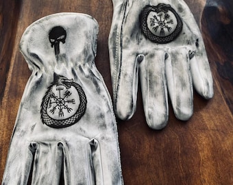 Viking Skull Motorcycle Gloves, Handmade Leather Biker Gloves