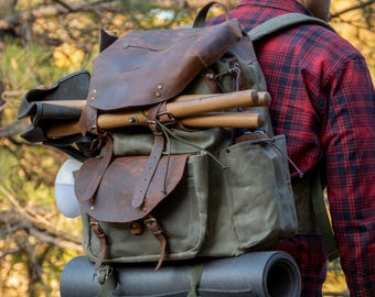 Durable Hiking Backpack Rustic Canvas and Leather Mountain Bag for Camping Travel Outdoor Adventures