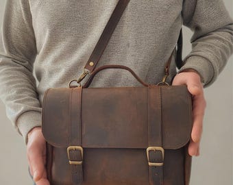 Handmade Leather Briefcase – Vintage Messenger Style Laptop Bag