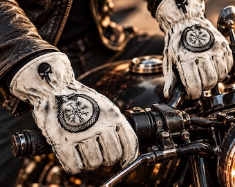 Viking Skull Motorcycle Gloves, Handmade Leather Biker Gloves
