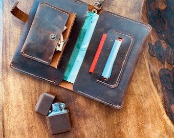 Handmade Crazy Horse Leather Tobacco Pouch with Clip – Vintage Leather Smoking Case  Smoker