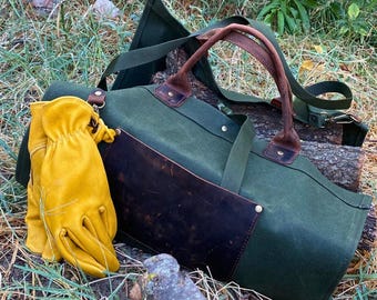 Waxed Canvas and Leather Log Carrier, Bushcraft Firewood Tote Bag
