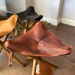 Handmade Leather Stool – Folding Tripod Chair with Hornbeam Wood