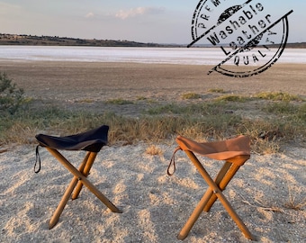 Tabouret trépied en cuir - Chaise d&#39;extérieur en bois pliante faite main
